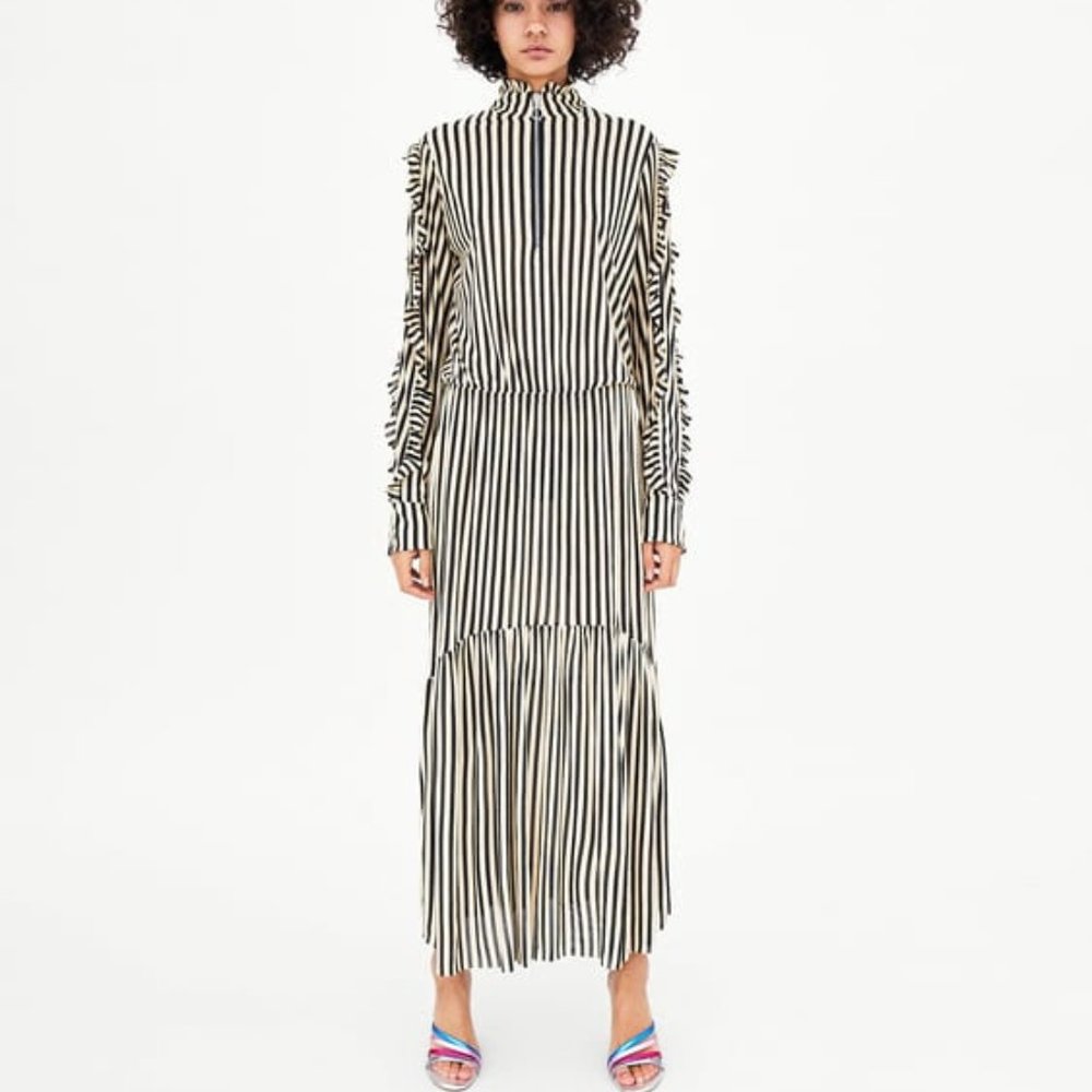 Zara Black & White Vertical-Stripe Maxi Dress